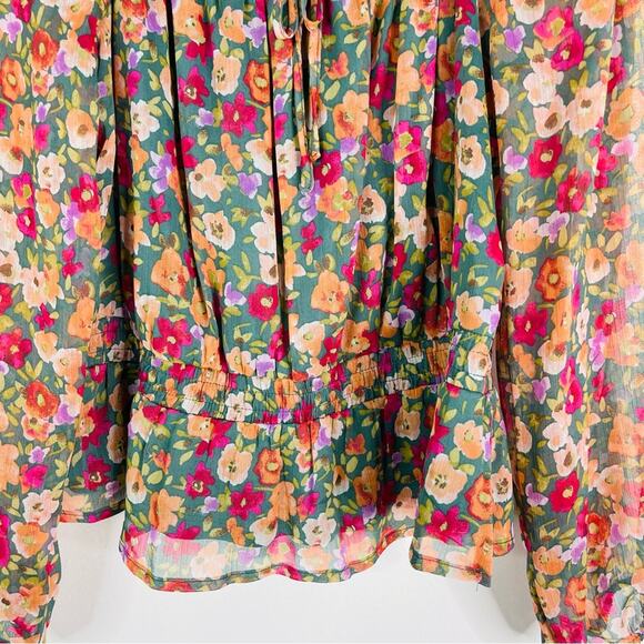Lauren Conrad green pink floral chiffon boho stretchy cottagecore top large - Picture 3 of 7